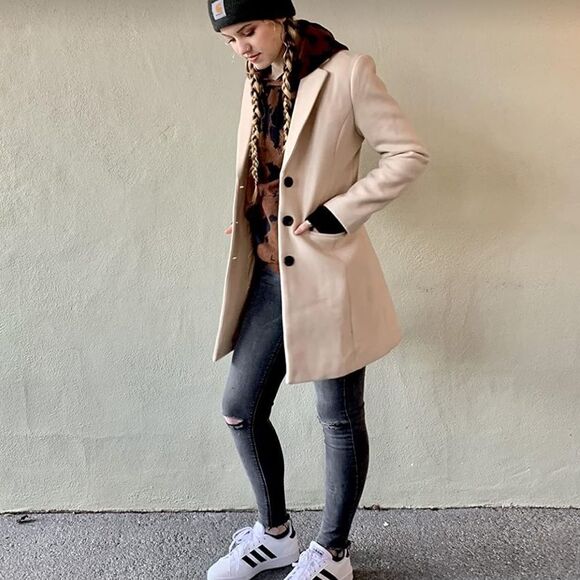 New Women Lapel Collar Long Wool Pea Coat Tan Button Down Gorgeous Coat - Picture 14 of 16